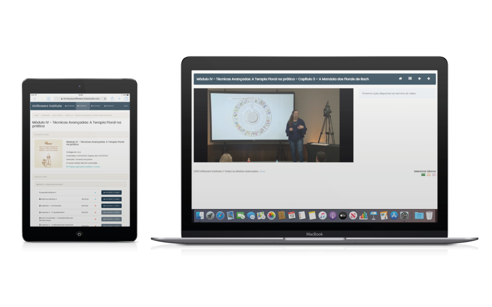 Curso Formação Practitioner em Terapia Floral de Bach da Uniflowers mostrados na tela de um tablet e de um computador