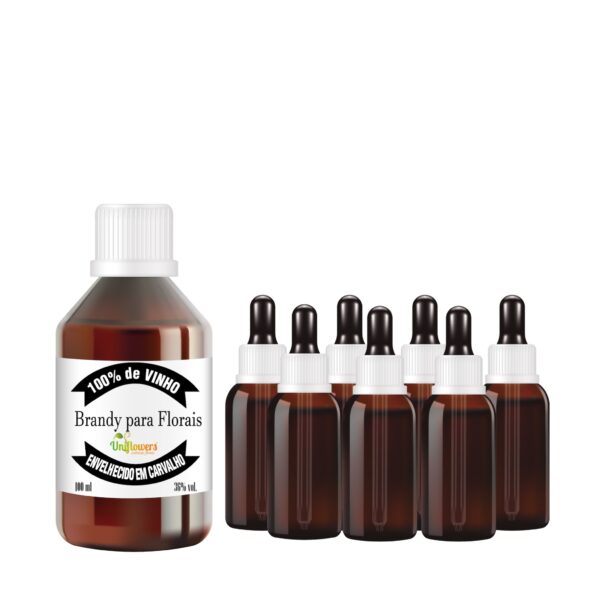 Kit para preparar sua fórmula de florais de Bach 10 frascos de vidro âmbar esterilizados de 30 ml, com conta-gotas e tampa com lacre e 100 ml de Brandy para Florais Uniflowers para usar como conservante de florais.